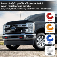 TECHPICCO custom red tow hooks cover adds personalized style to Ford Super Duty.