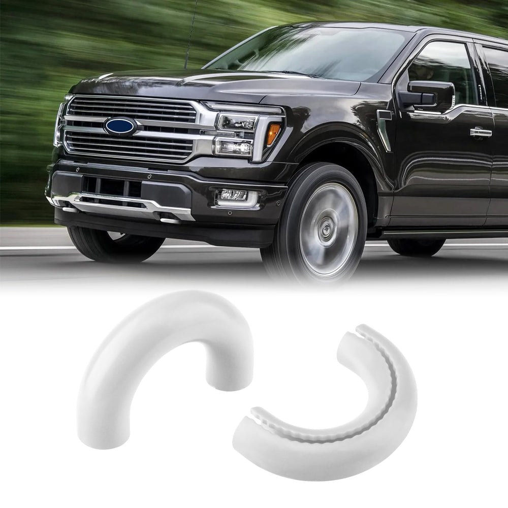 TechPicco tow hook cover on F-150 in white, front view, adds protection and style.