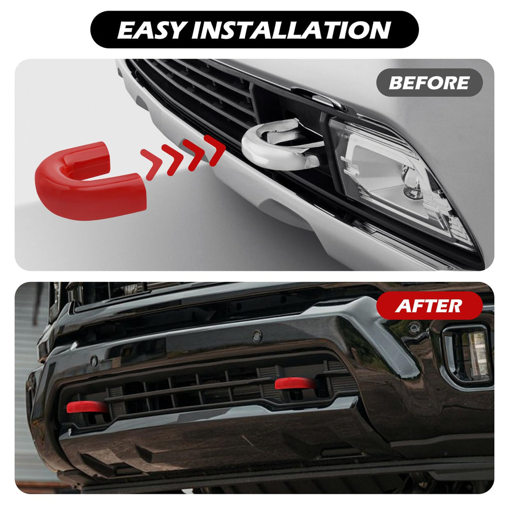 TechPicco front tow-hook cover red closeup on Silverado