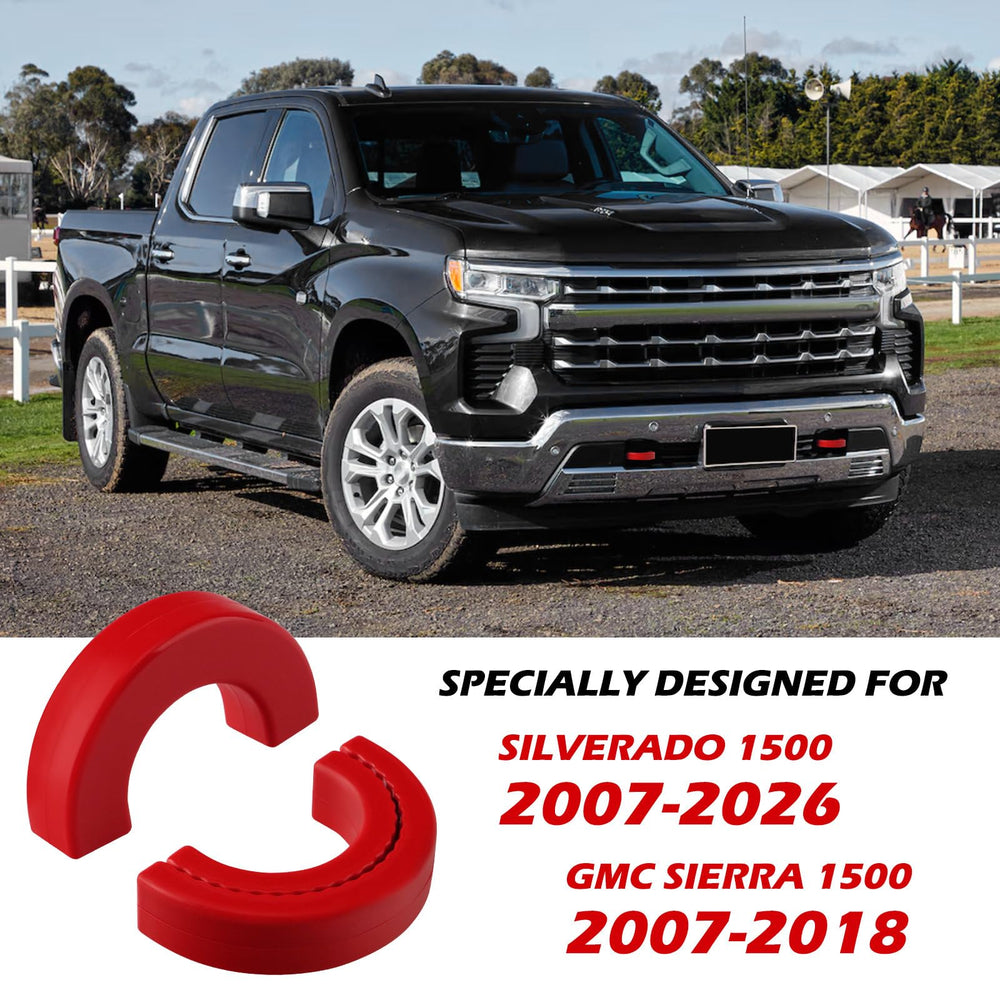 TECHPICCO GMC Sierra tow hook cover red front view blends with factory hooks