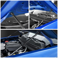 TECHPICCO hood struts close-up shows satin black powder coat finish.