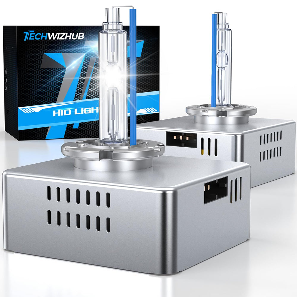 TechWizHub D5S HID bulbs pack shot; brighter 8000K illumination for better visibility.