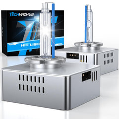 TechWizHub D5S HID bulbs pack shot; brighter 8000K illumination for better visibility.