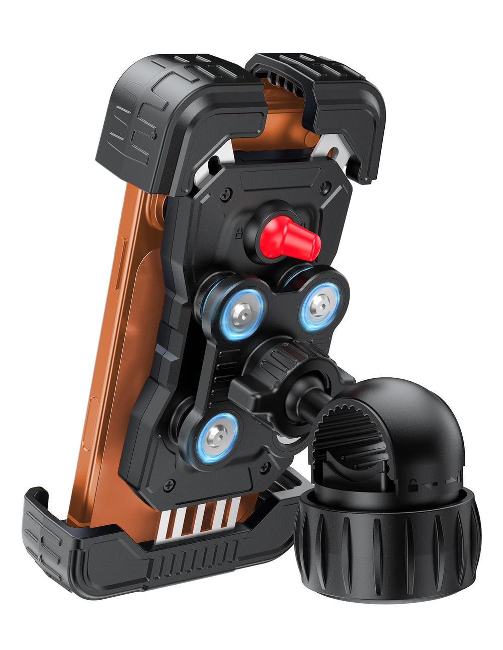 TECKNET anti-shake mount front view shows sturdy construction on handlebars for secure mounting