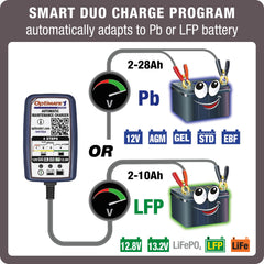 Tecmate OptiMate 1 Duo supports lithium and lead-acid compatibility for diverse setups