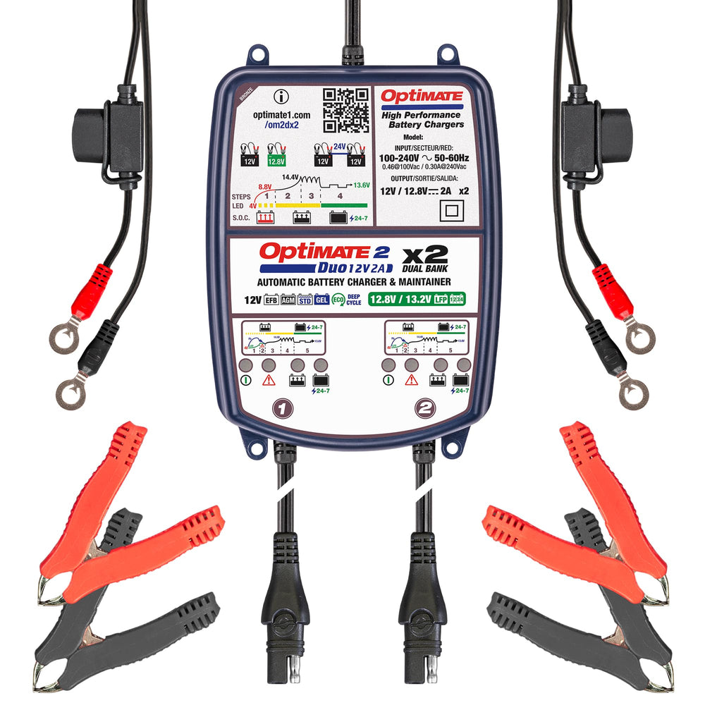 Tecmate OptiMATE 2 Duo TM-571 Bronze Series packaging with branding and product details.