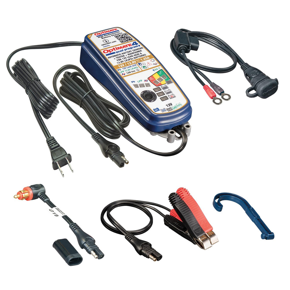 OptiMate 4 Quad Program with DIN cable shows BMW CANbus charging capability.