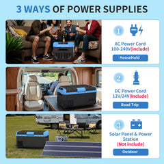 Tecnolove 30L fridge beside camping setup with solar power compatibility