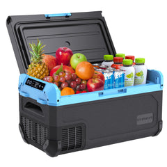 Tecnolove 30L car fridge front view in ice-blue finish for on-the-go cooling