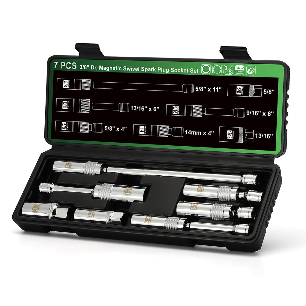 TecoTek seven piece 3/8 drive magnetic spark plug socket set with swivel head