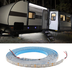 Tekshinny RV underglow LED strip providing white exterior lighting for evening ambiance