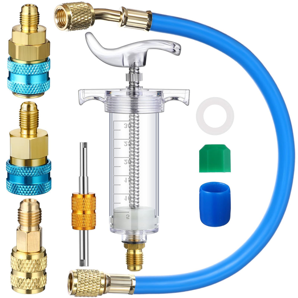 Tellegloww oil dye injector kit syringe close-up for precise dosing in AC systems