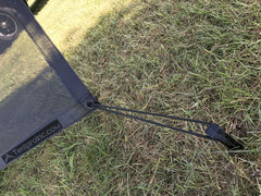 Tentproinc UV-blocking mesh shade on RV awning reduces glare.