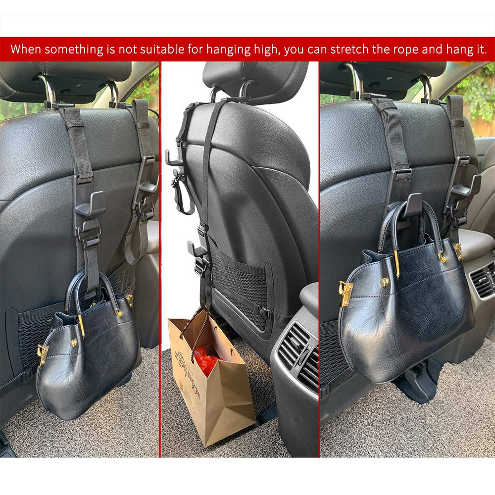 Rotating Teocenka headrest hooks for easy access from either seat