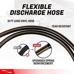 TERA PUMP 10 ft vinyl discharge hose ready for distant transfers