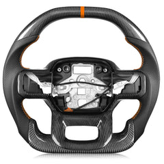 TESFEEL real carbon fiber steering wheel heated for F-150 Raptor Gen3, front view with aggressive look.