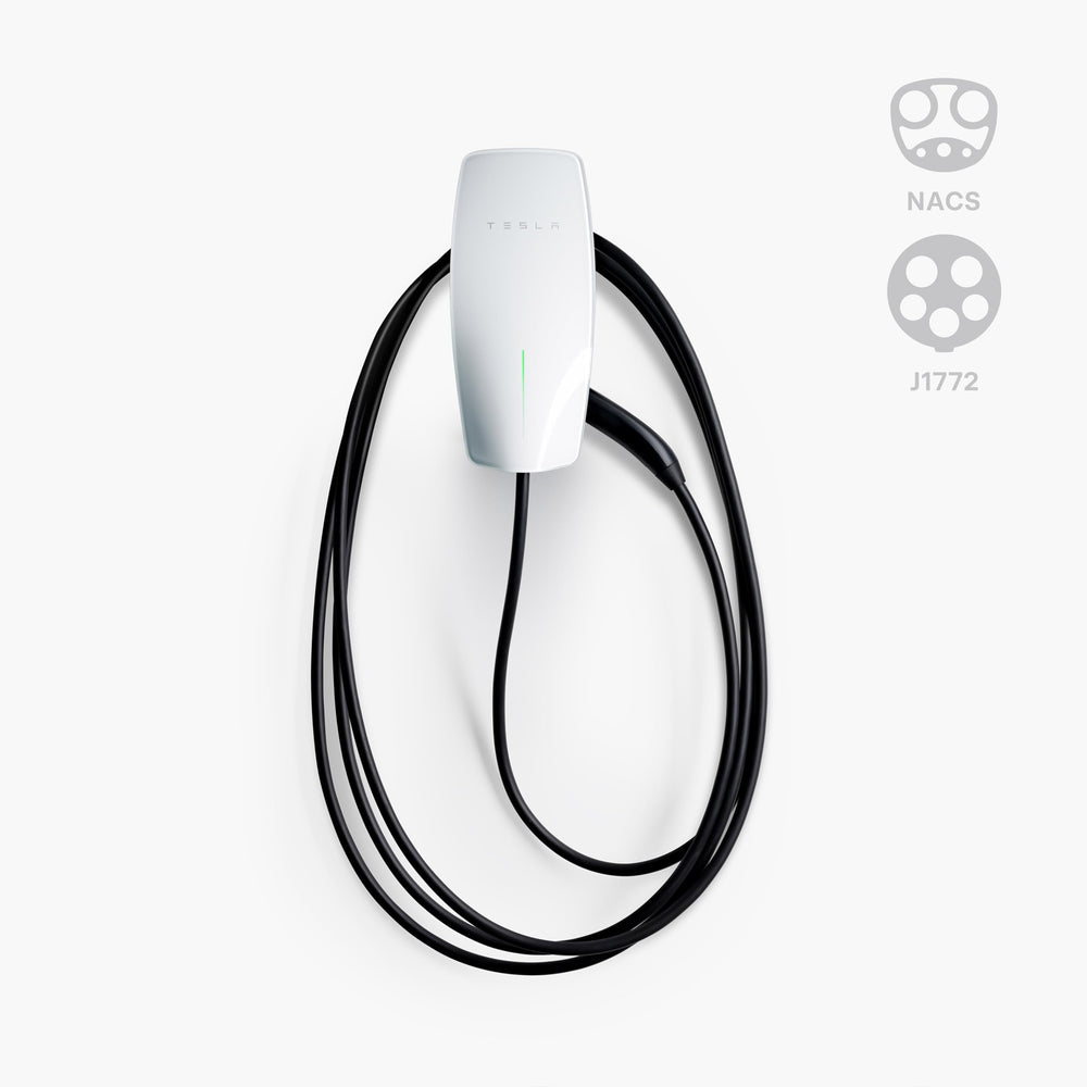 Tesla Universal Wall Connector dual-plug NACS/J1772 supports broad vehicle compatibility.