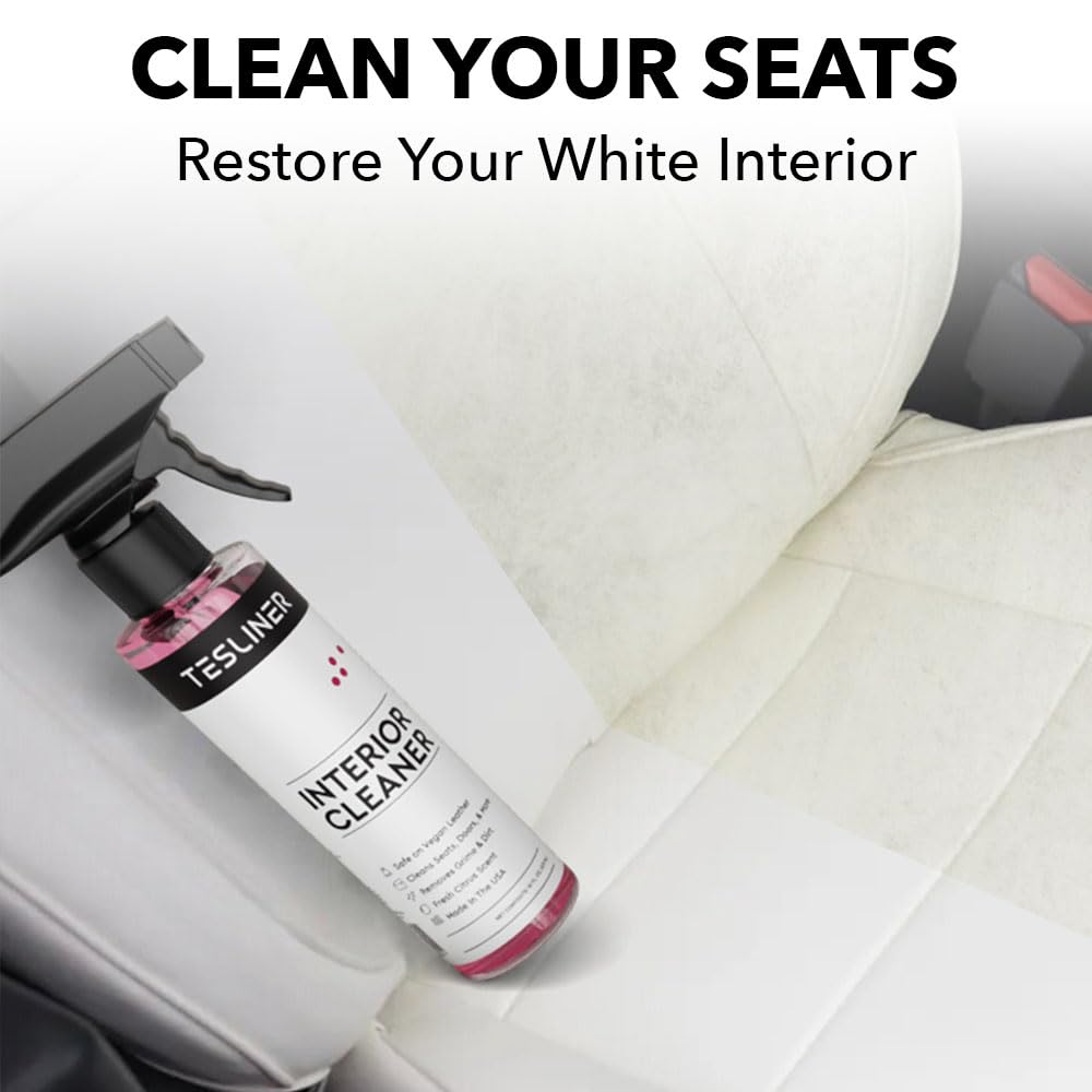 TesLiner interior cleaner spray application demonstrates quick wipe for spotless vegan leather