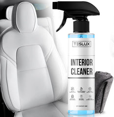 TesLux interior cleaner bottle shown from front, ready for a quick vegan leather refresh.