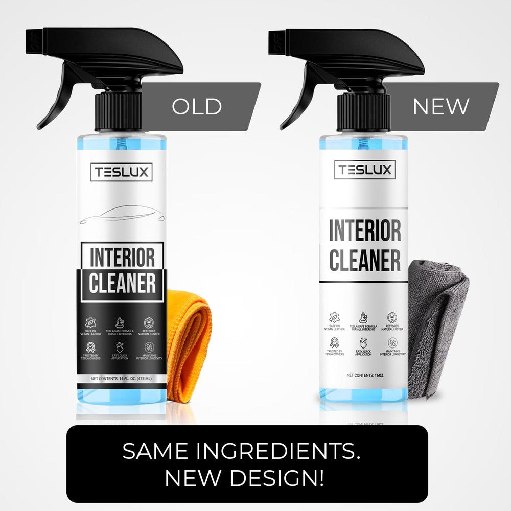 TesLux dash close-up shows interior cleaner reviving a clean dashboard finish.
