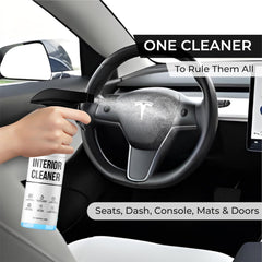 TesLux interior cleaner on seats with vegan leather, restoring texture.