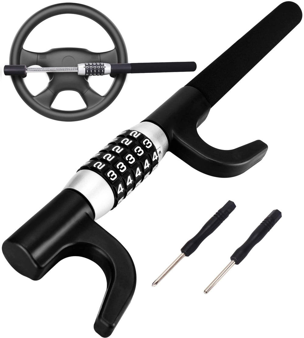 Tevlaphee steering lock extended over wheel for secure parking.