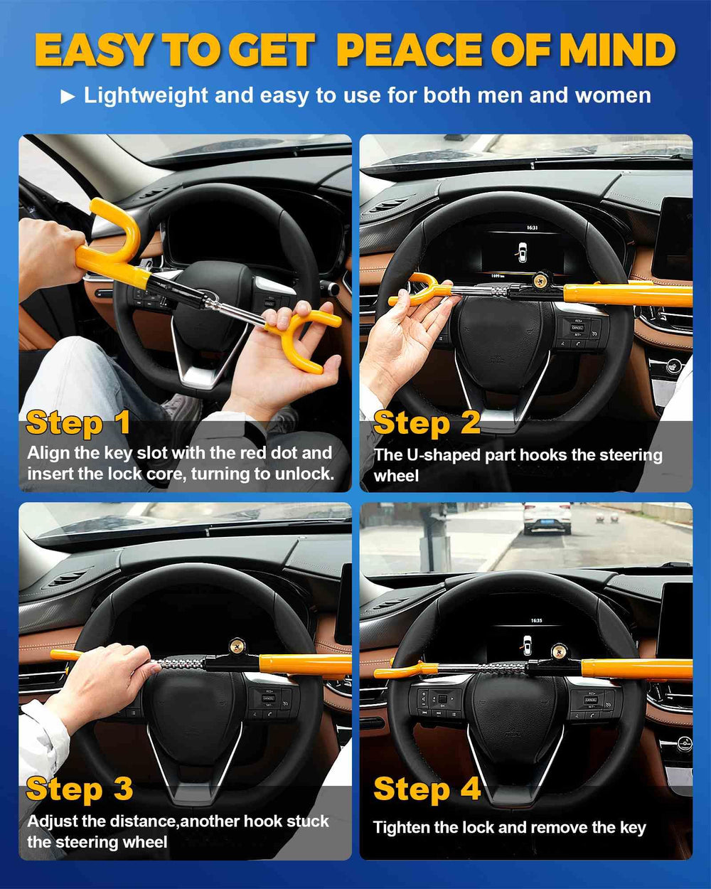 Tevlaphee adjustable fit for steering wheels from 7 to 16 inches.