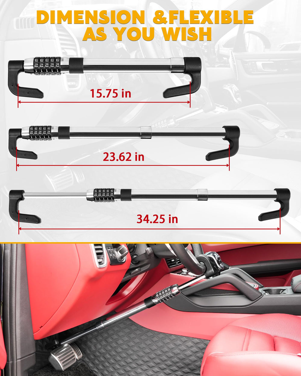 Tevlaphee steering wheel lock 5-dial face demonstrates high-security deterrence.