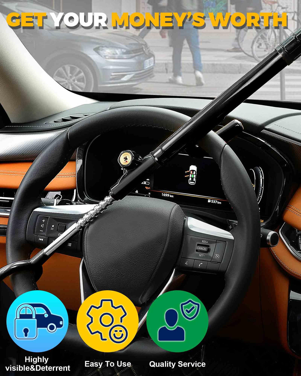 Tevlaphee steering wheel lock adjustable fit supports 7 to 16 inch wheels.