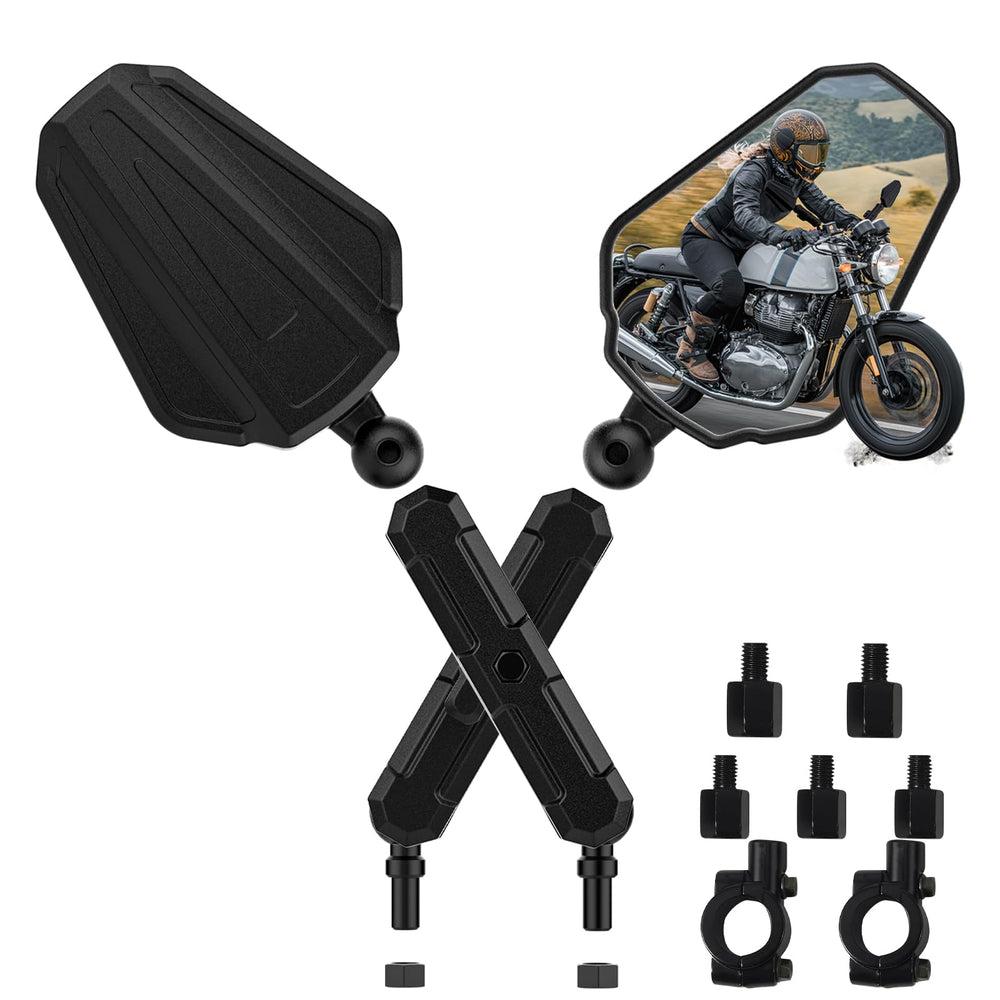 Tewgug adventure mirrors with ball-head for wobble-free rear view on rugged trails.