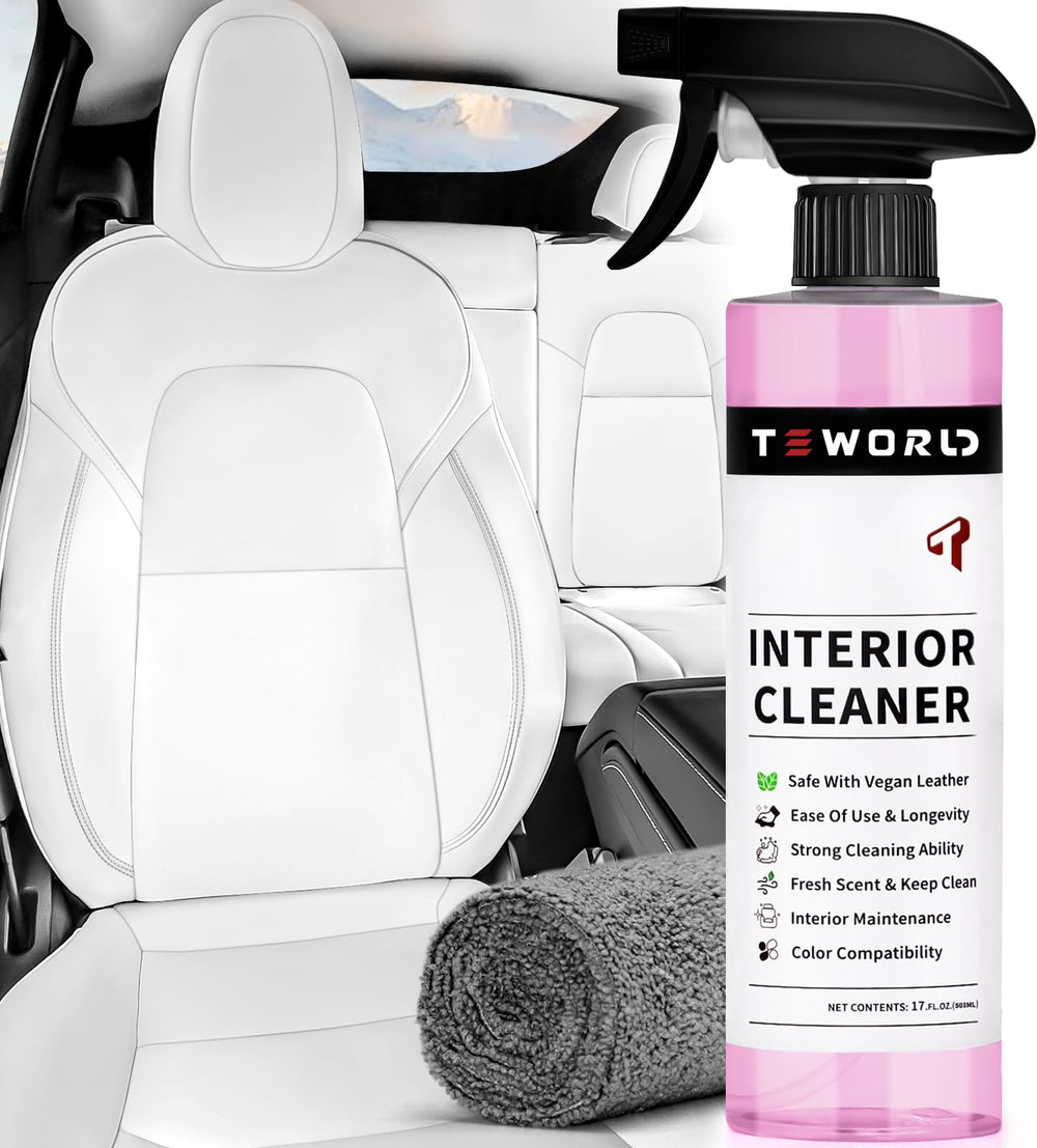 teworld Tesla seat cleaner bottle for fast interior refresh on vegan leather.
