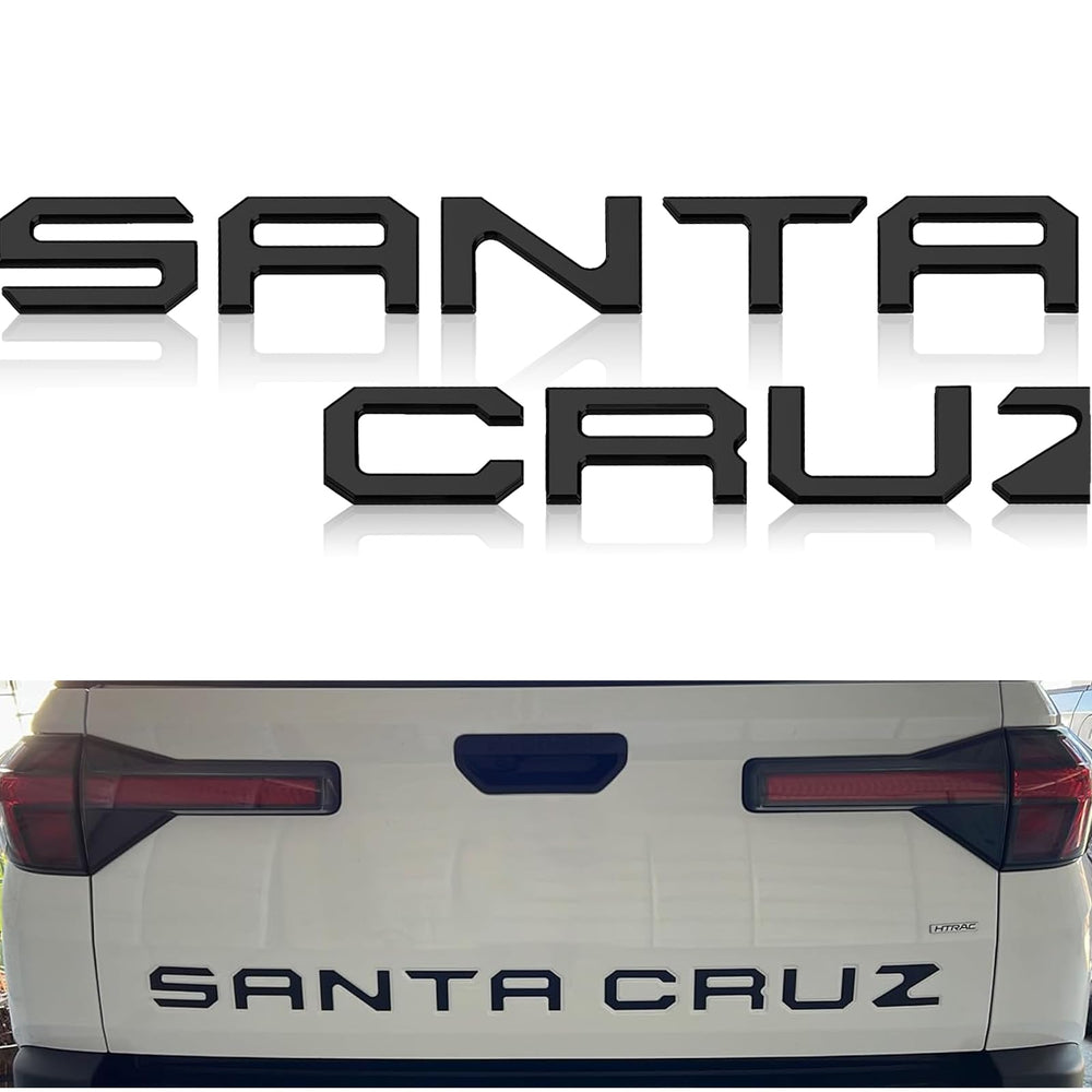 Texflic tailgate letters on Hyundai Santa Cruz, matte black emblem adds rugged style.