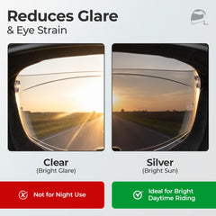 The Helmet Shop HJ-31 silver mirror visor on helmet during daytime touring reduces glare