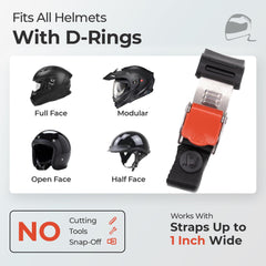 The Helmet Shop stainless-steel buckle delivering solid metal-to-metal locking