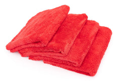 The Rag Company Eagle Edgeless 500 red towels flatlay for streak-free polishing.