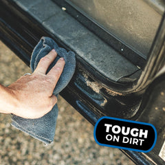 Dual-pile design with longer fibers for buffing and shorter nap to remove product.