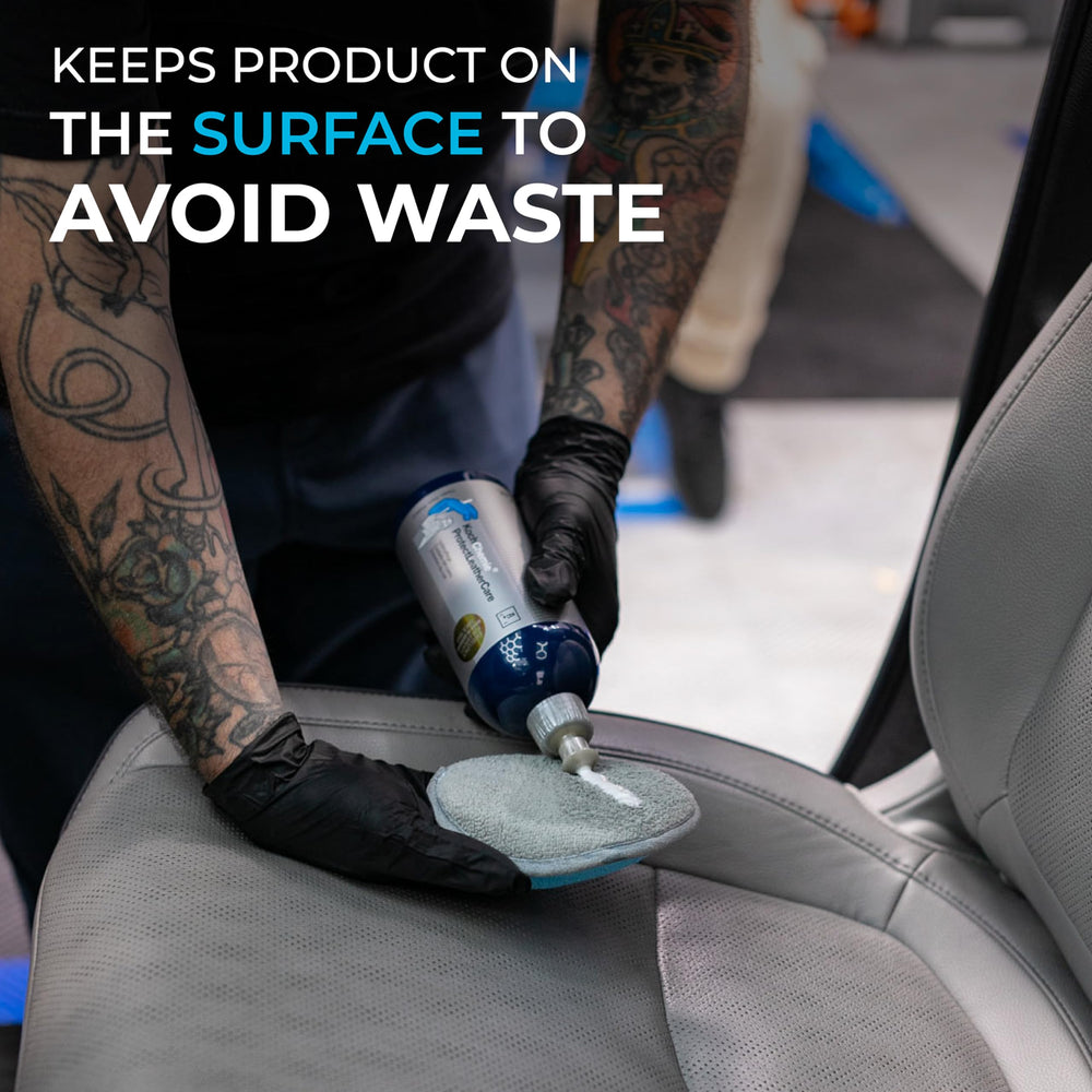 The Rag Company Ultra No Soak Round Detailing Applicator barrier reduces absorption for efficient product use.