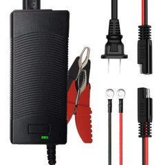 ThePRO 12V LiFePO4 charger front view powering a motorcycle safely.
