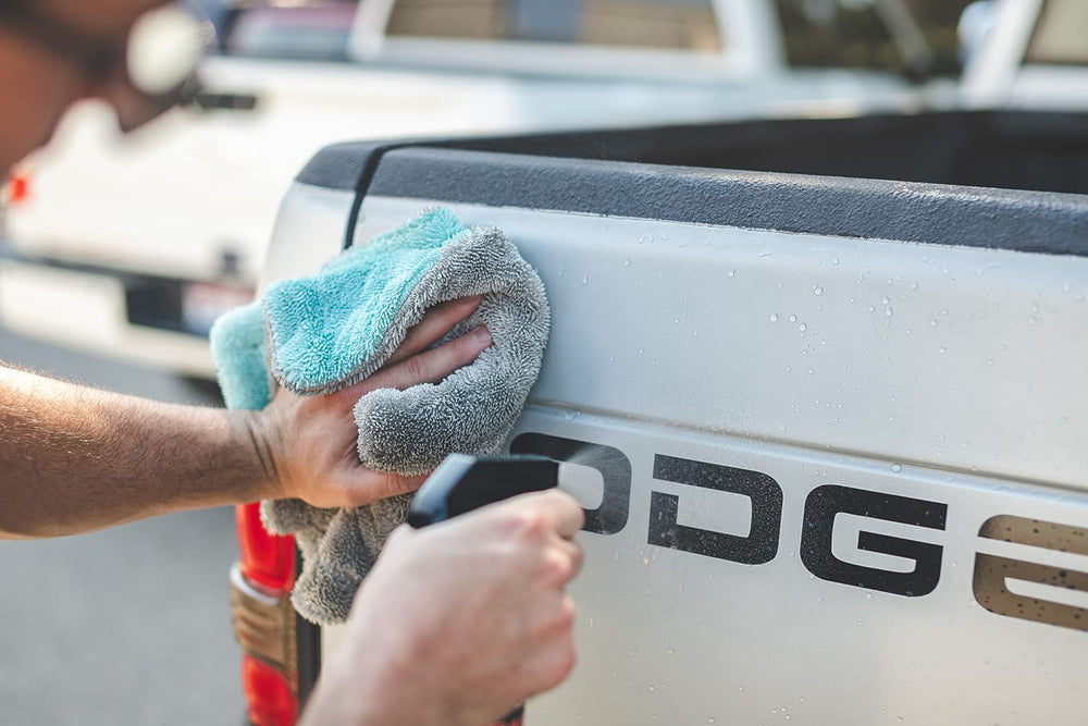 The Rag Company Liquid8r towel shown drying a vehicle with glide