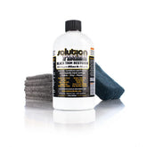 The Rag Company Solution Finish 12oz bottle demonstrates restoring black trim color with a non-greasy finish.
