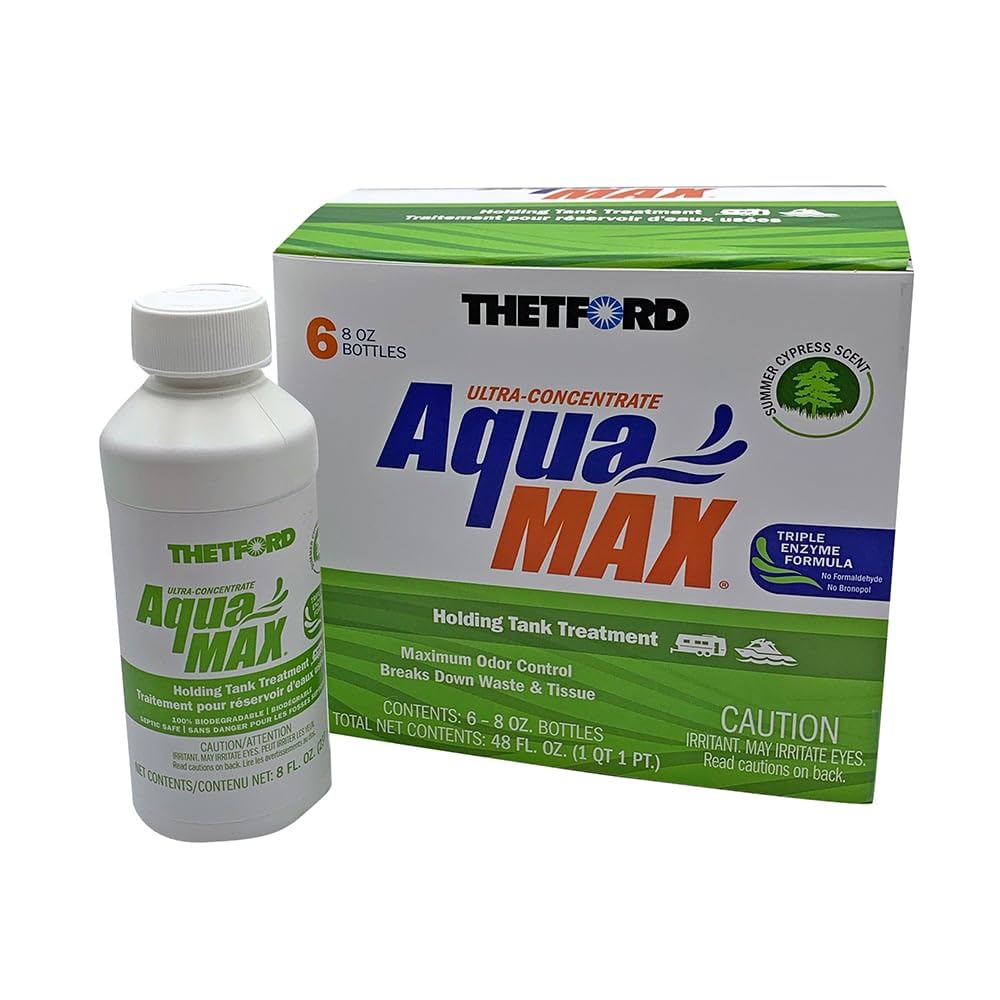 Thetford AquaMAX Cypress Scent bottle for odor control and waste digestion.