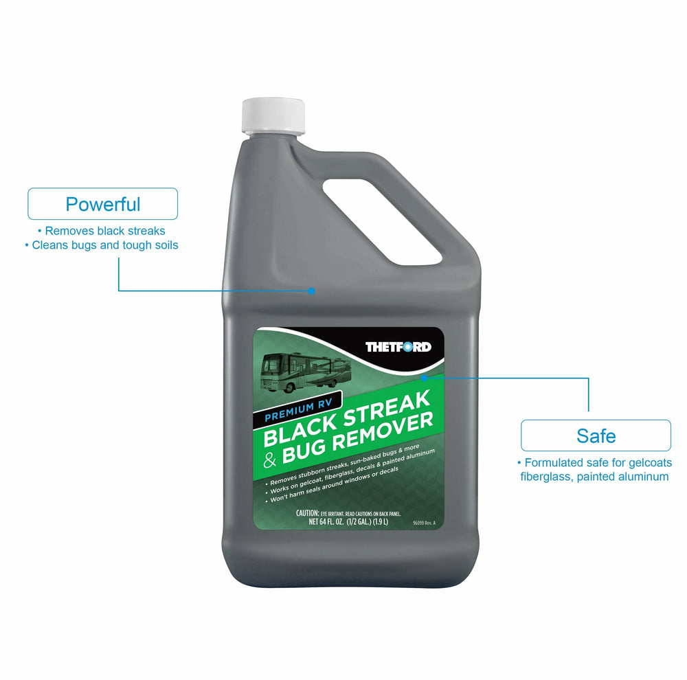 Thetford bottle shown on gel coat and fiberglass surfaces for safe cleaning