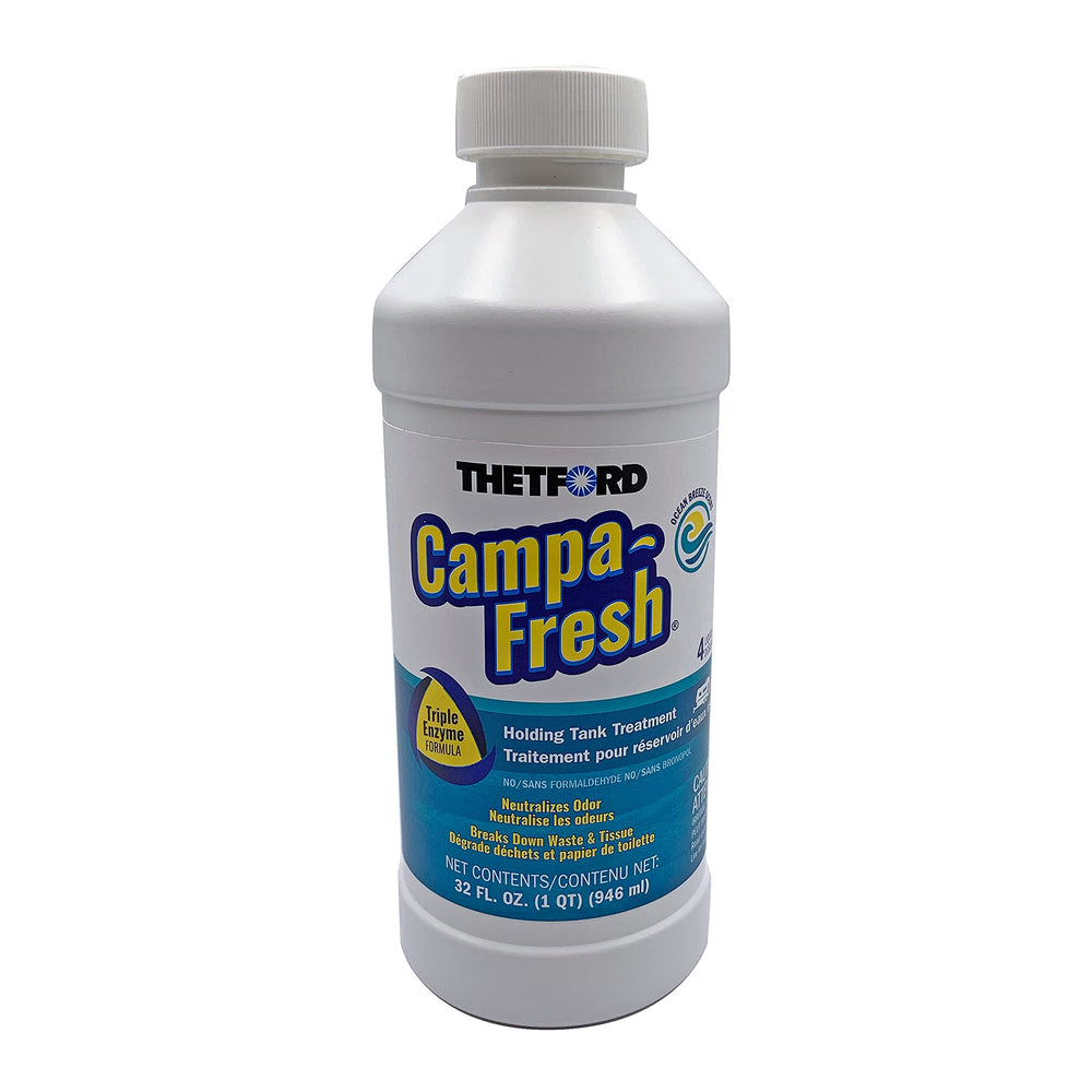 Thetford Campa-Fresh Ocean Breeze bottle neutralizes RV tank odors and supports safe waste digestion