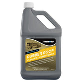 Thetford Premium RV Rubber Roof Cleaner bottle demonstrates safe, non-abrasive cleaning for EPDM roofs.