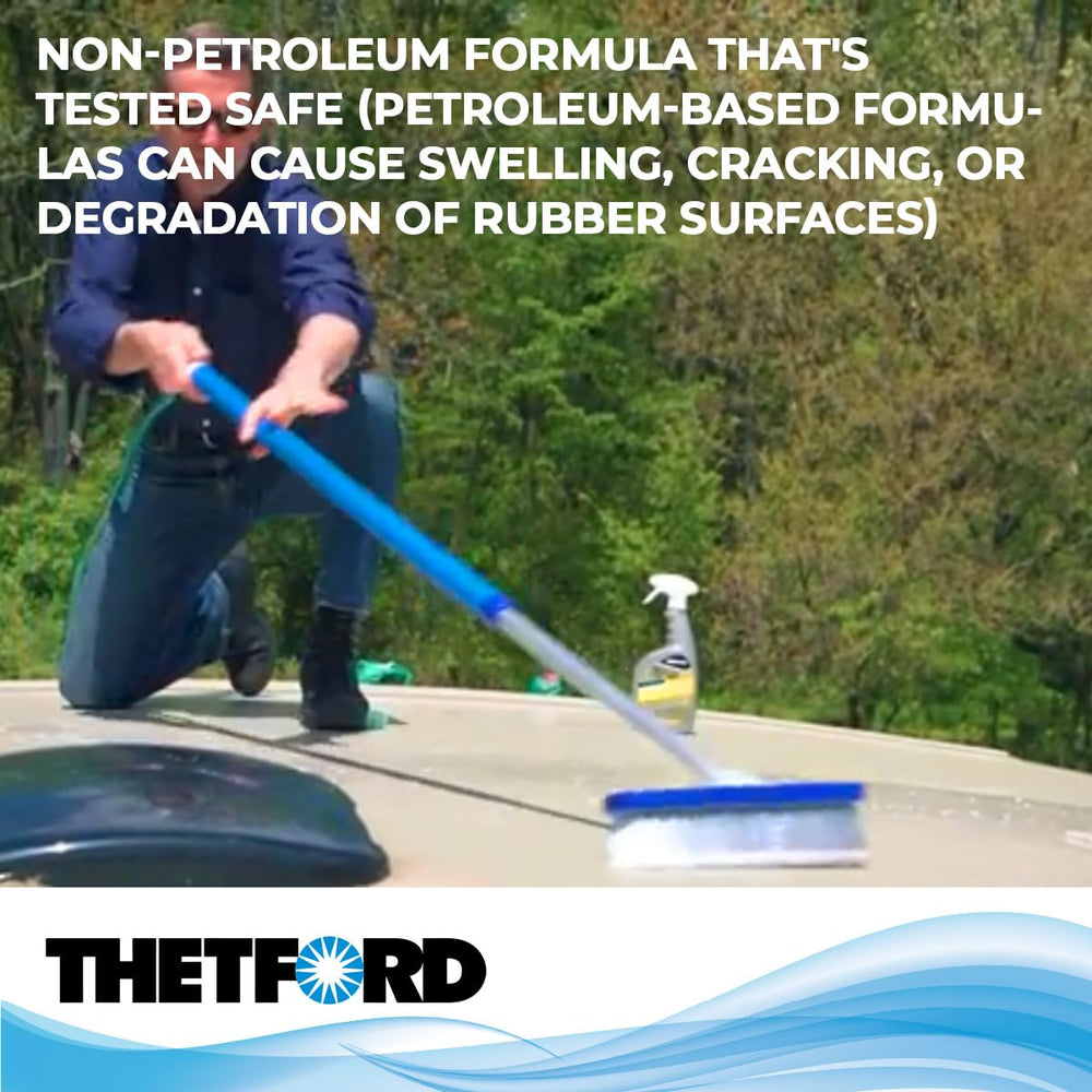 Thetford Rubber Roof Cleaner tackles heavy grime and chalk buildup effectively.