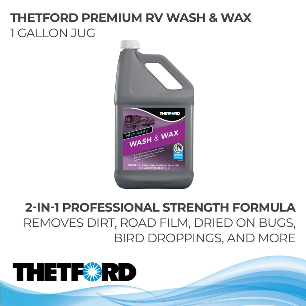Close-up of Thetford Premium RV Wash & Wax label showing 2‑in‑1 features