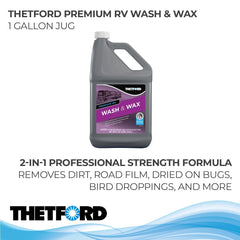 Close-up of Thetford Premium RV Wash & Wax label showing 2‑in‑1 features