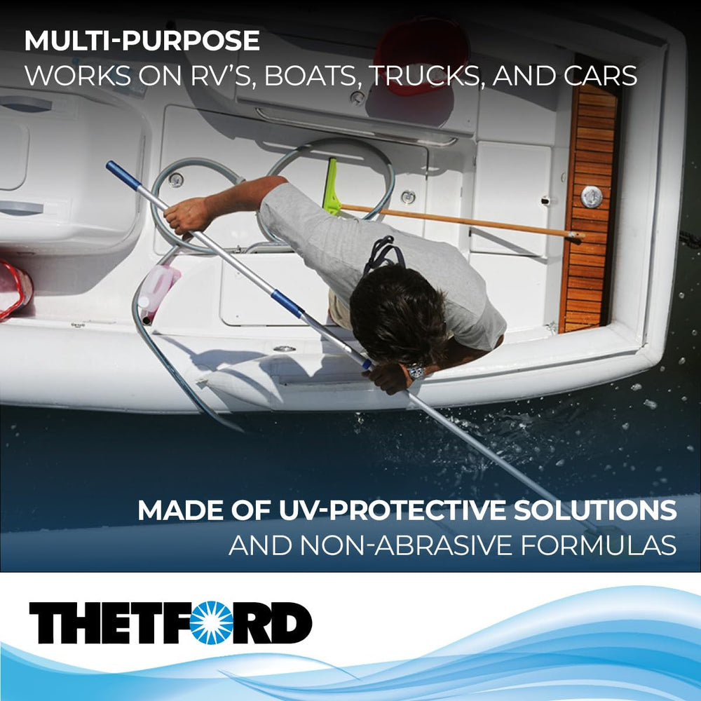 Dirty surface transformed after washing with Thetford Premium RV Wash & Wax, removing road film