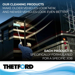After wash, Thetford Premium RV Wash & Wax leaves anti-static, water-repellent shine