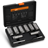 Thinkwork lug nut extractor set with deep well design for tight spaces.